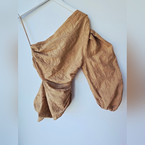 MAJE Lalmeto One Sleeve Tan BROWN Blouse Embroidered Cut Out Zipper Size 1 S - Picture 10 of 16